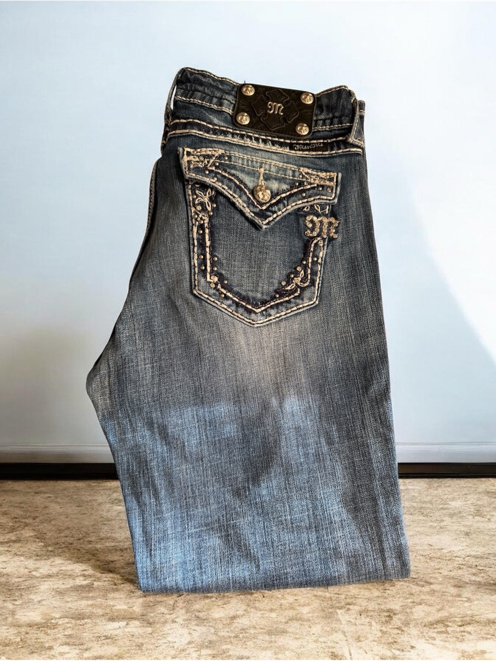 Miss Me Distressed Embellished Back Pocket Jeans - Blue Wash